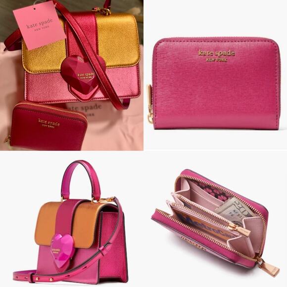 Kate Spade Pink Heart Metallic Color block MiniTop-Handle Crossbody Wallet set - Picture 2 of 15